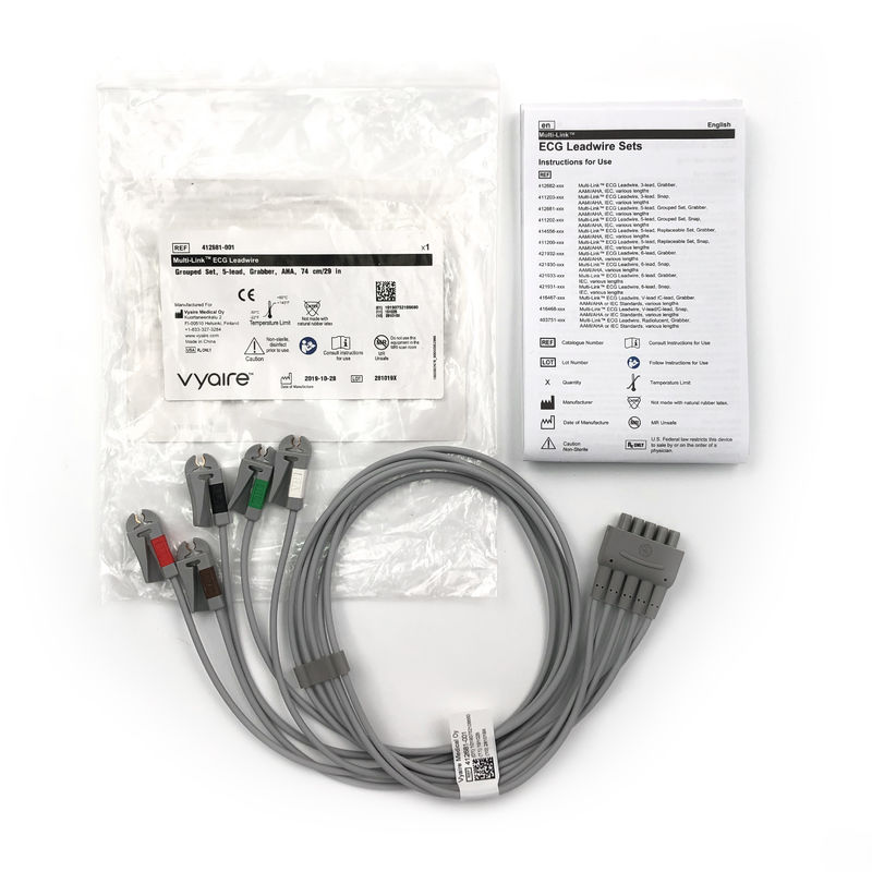 GE Ref:412681-001 مجموعة الأسلاك الرئيسيّة متعدّدة الارتباطات لـ ECG Leadwire ،5 - Lead ،Grabber ،AHA 74 CM /29 IN